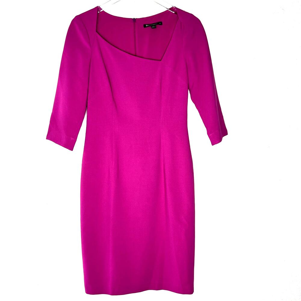 Black Halo Jackie O Sheath Dress Pink Asymmetrical Neckline 3/4 Sleeve SZ 4